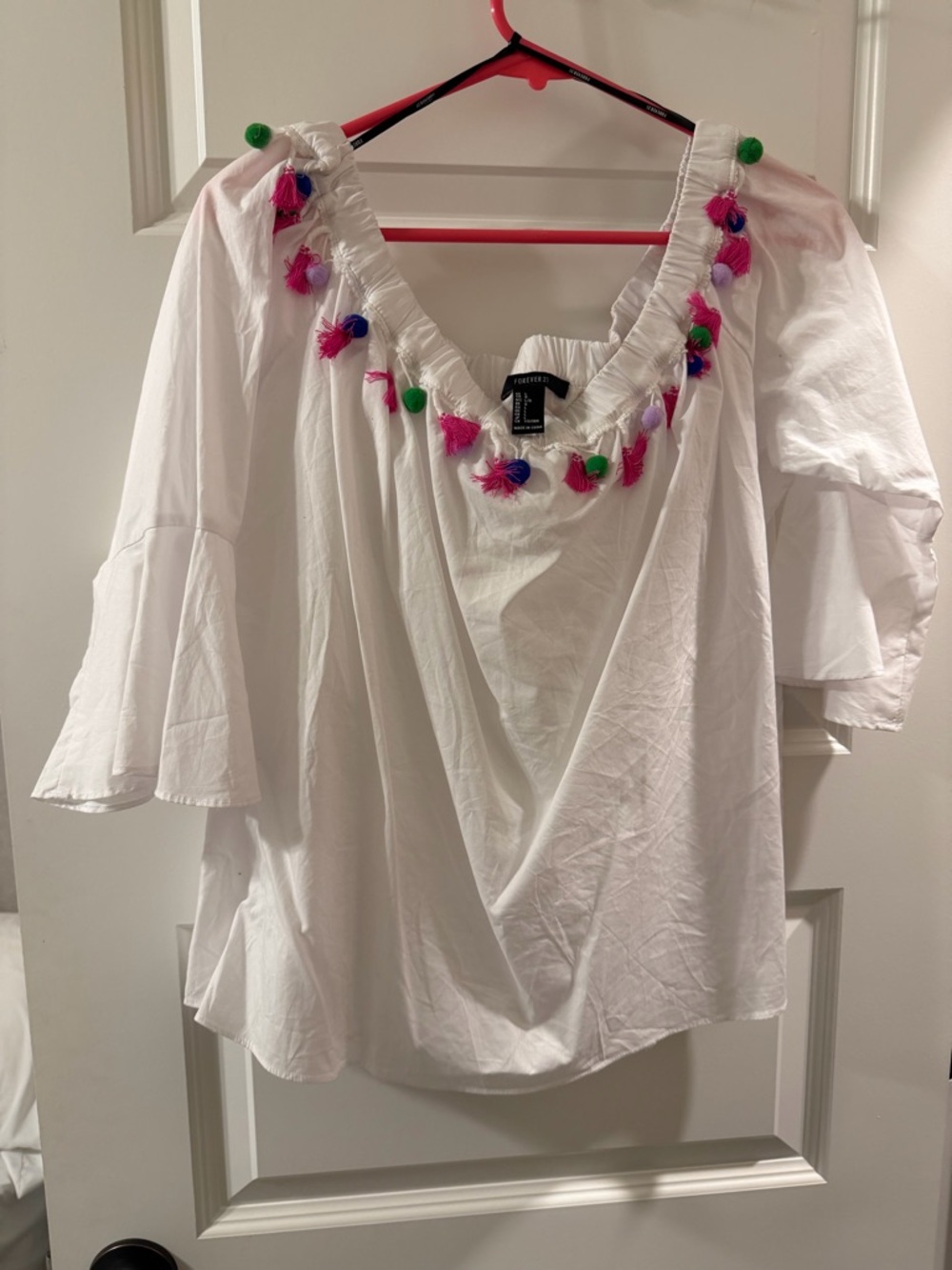 Forever 21 White Peasant Top with Pink, Green & Blue Tassel Accents